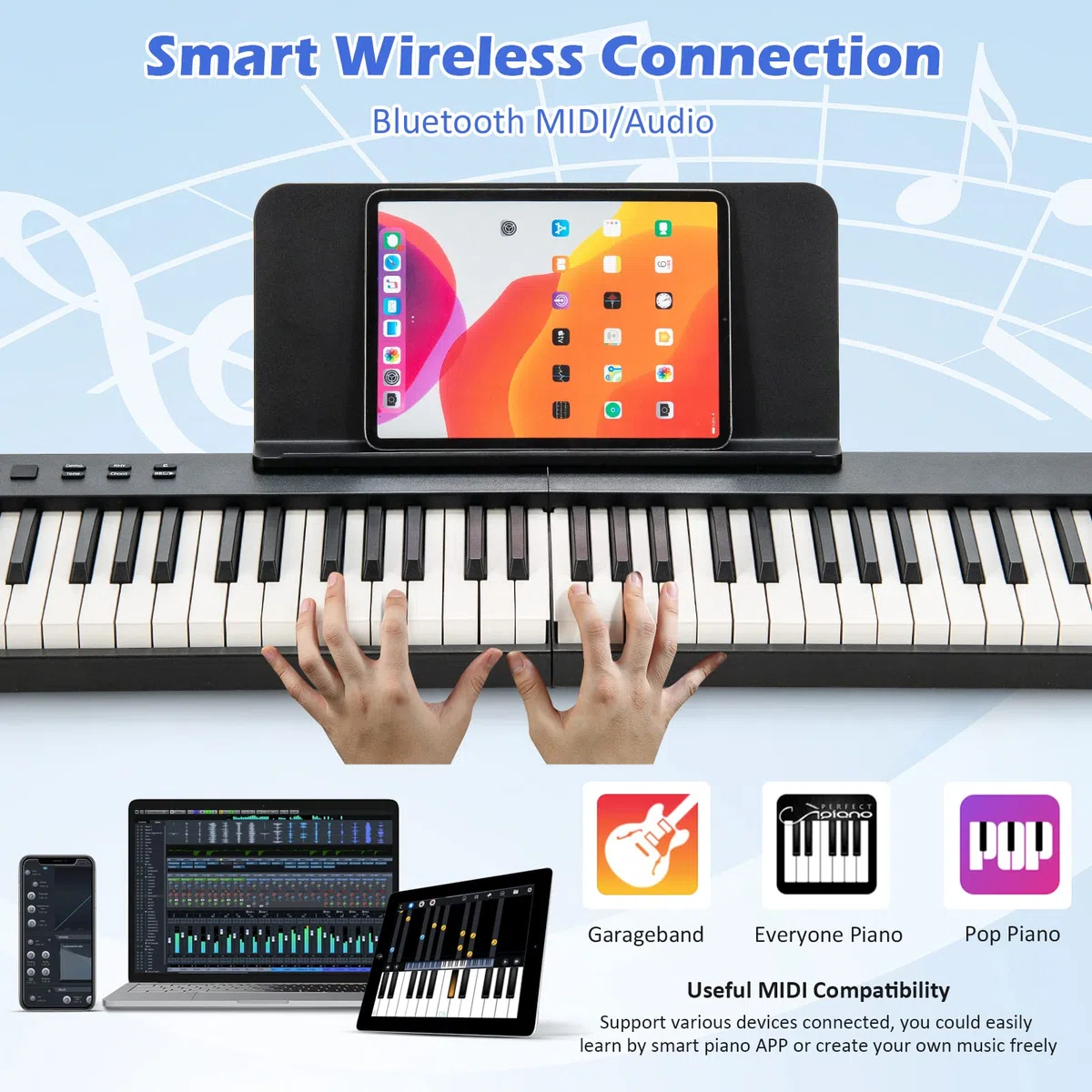 GYMAX 88 Tasten Faltbares Keyboard Piano, Full-Size Digitalpiano mit Bluetooth, USB/MIDI-Controller, Sustain Pedal, wiederaufladbarer Akku & Klaviertasche, tragbare elektronische Tastatur für Anfänger