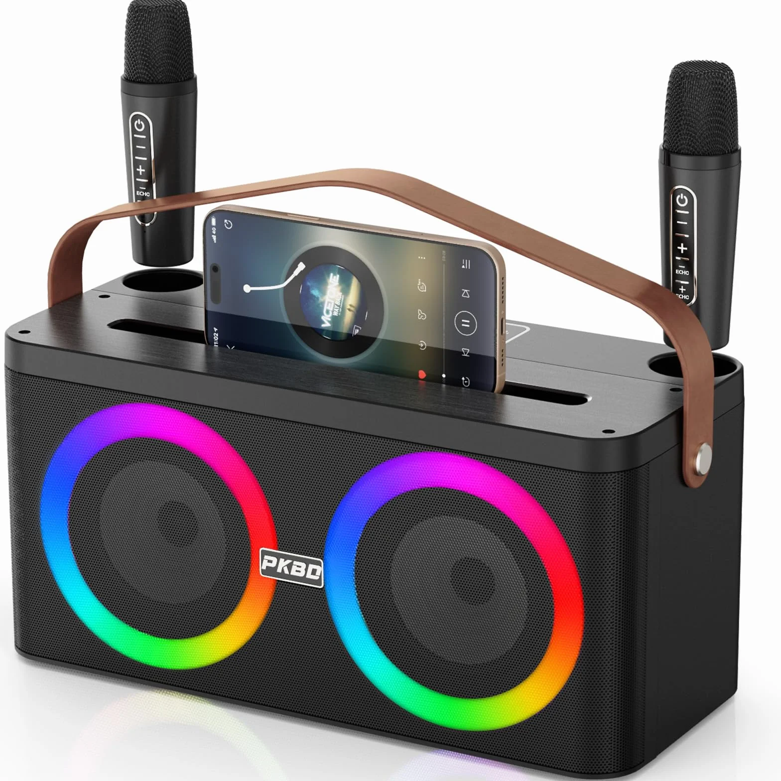 PKBD Karaoke Maschine mit Telefon-/Pad-Halterung, Tragbarer Bluetooth-Lautsprecher mit 2 kabellosen Mikrofonen/LED-Leuchten/PA-System, Unterstützt Mikrofonplatzierung für Heimpartys, Outdoor/Indoor