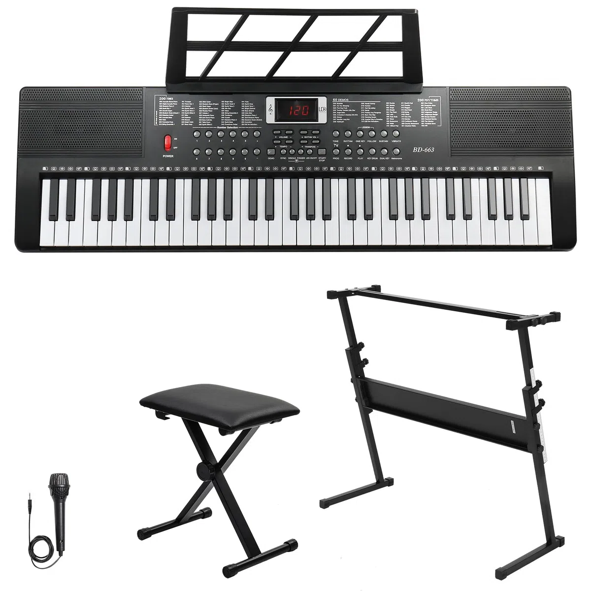 Bonnlo 61-Tasten Keyboard mit Z-Ständer, Hocker, Kopfhörer, LED-Display und 3 Lernmodi, 200 Klänge, 200 Rhythmen, mit eingebauten Lautsprechern für Anfänger & Fortgeschrittene, Schwarz