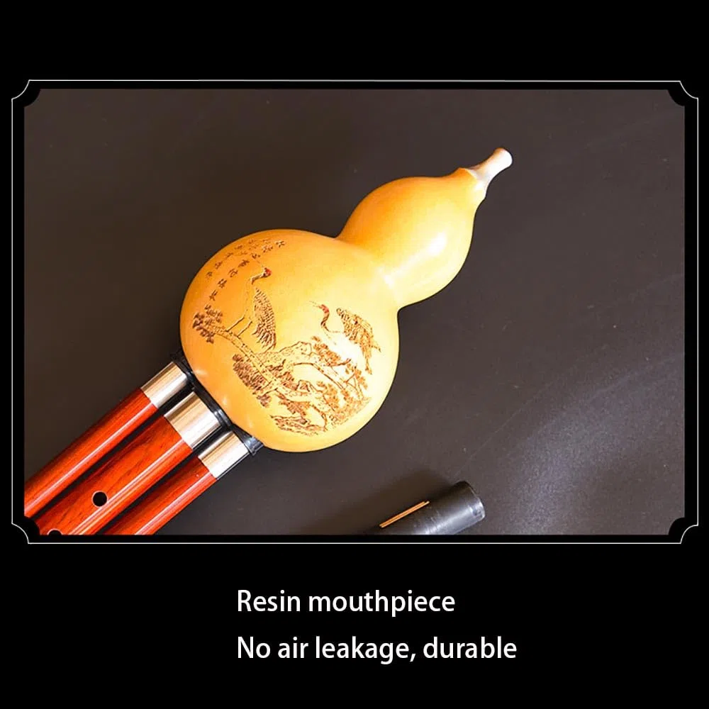Hulusi Bambus-Kürbis-Cucurbit-Flöte, professionelle Rotholz-Doppelton-Hulusi-Flöte, F+G-Schlüssel/Bb+C-Schlüssel/Moll-D+C-Taste mit chinesischem Knoten, Instrumentenbox (F+G-Taste)