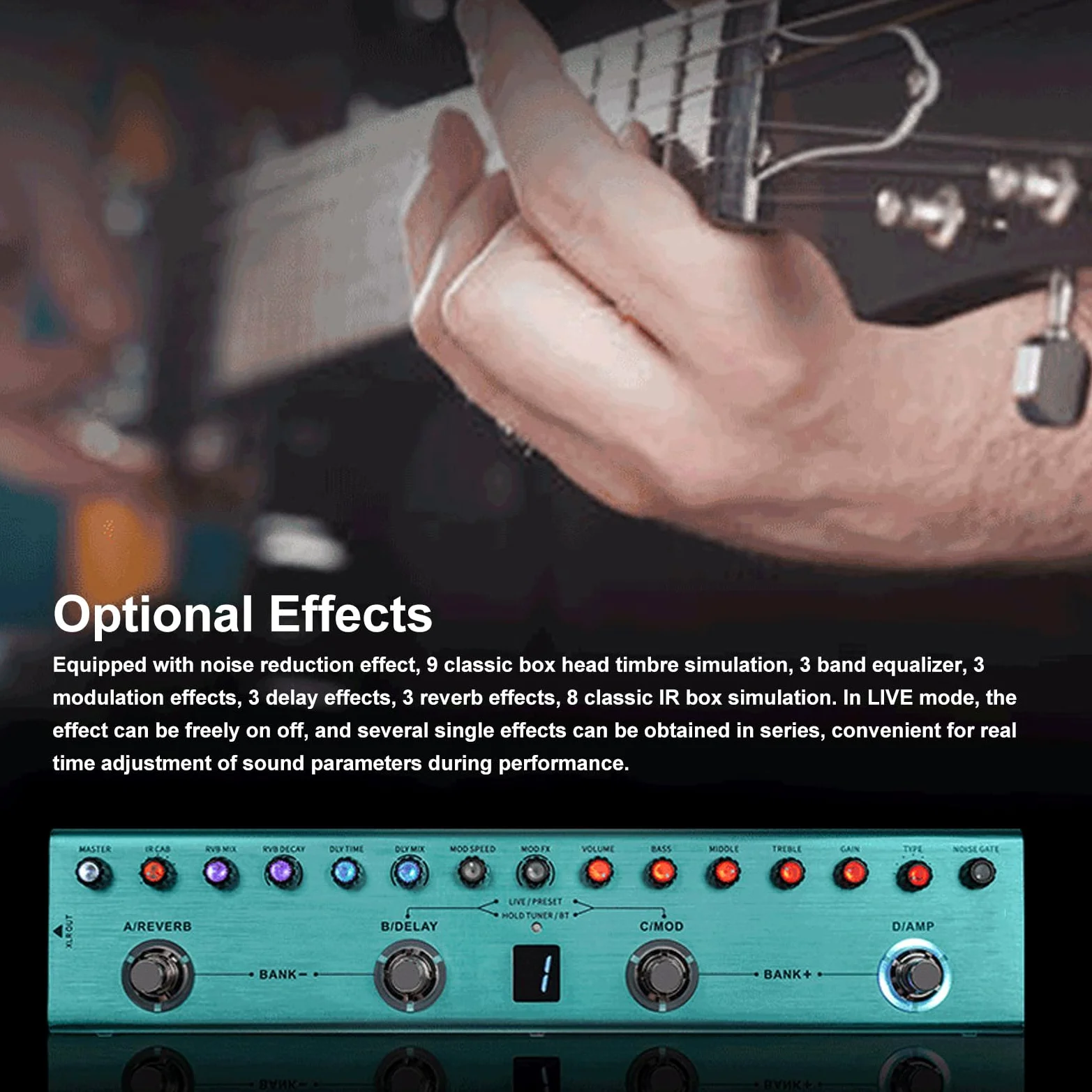 Digitaler Gitarren-Multieffekt-Pedalprozessor mit 36 ​​editierbaren Voreinstellungen, 3-Band-Equalizer, 8 IR-CAB-Steckplätze für Smartphone-Aufnahmen, Kabellose Verbindung