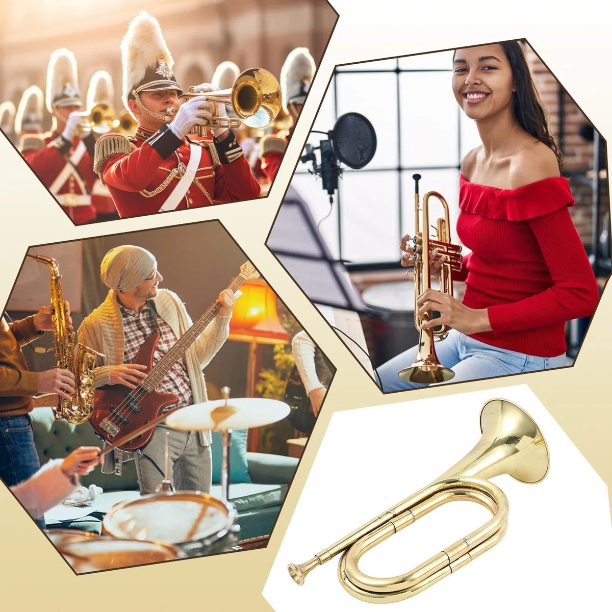 Gold Plated Bugle, Pocket Trumpet, Brass Instruments Trumpet, Toy Trumpet Gold, Toy Brass Trumpet Gold-Plated Pocket Trumpet for Festivals, Orchestra Performances, and Beginner Musicians