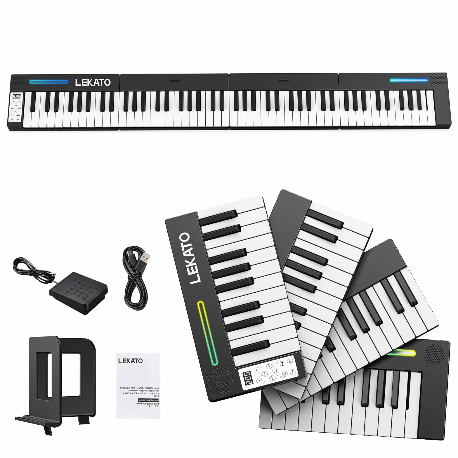 LEKATO Tragbares Piano Keyboard 88 Tasten, Magnetisch Faltbar E-Piano, 128 Sounds 128 Rhythmen Bluetooth MIDI Split Aufnahme, für Anfänger Reise Home