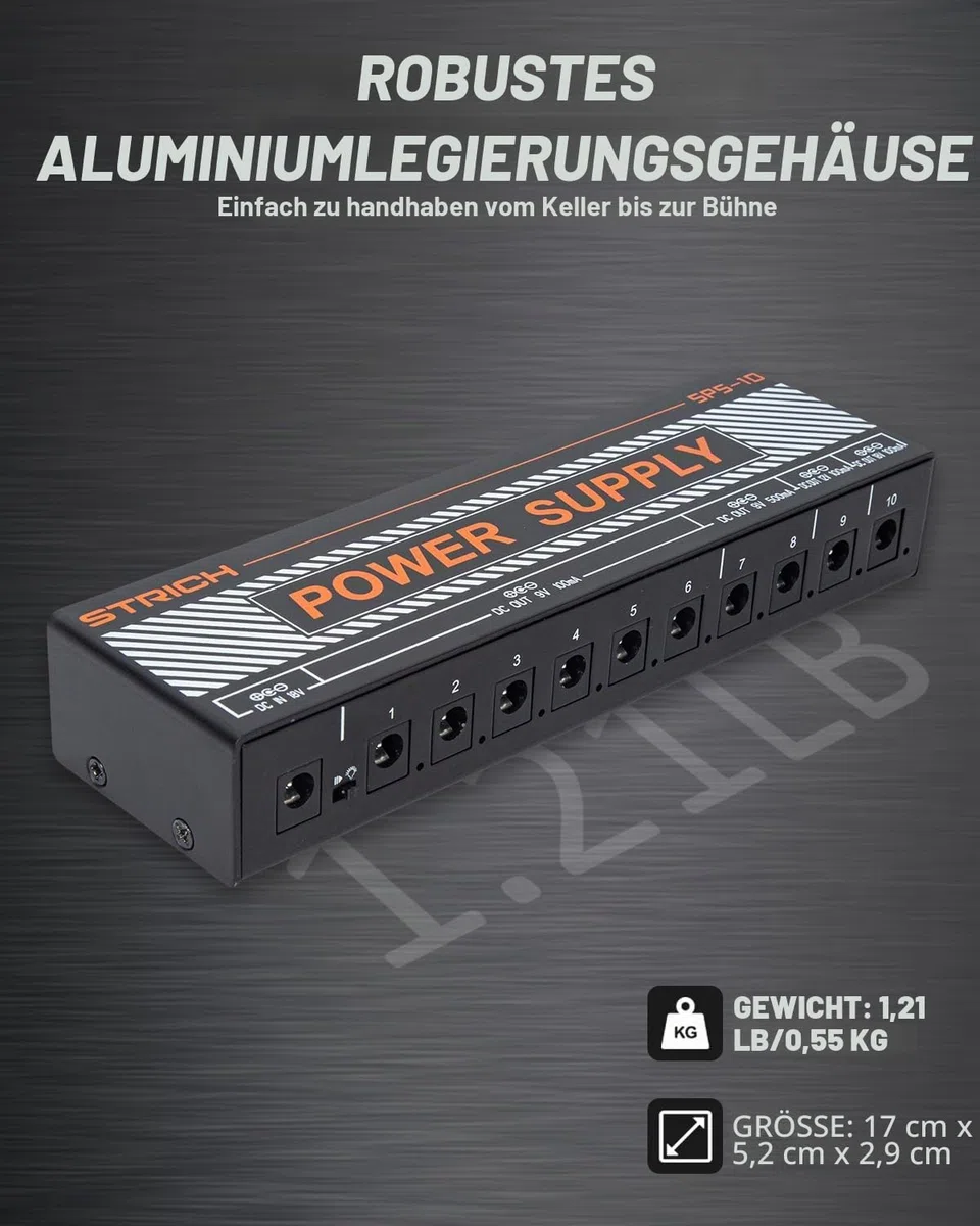 STRICH SPS-10 Gitarrenpedal-Netzteil, 10 Isolierte DC Ausgänge für 9V/12V/18V Gitarre Bass Effektpedale, 100mA 500mA Pedalboard-Netzteil mit Kurzschlussschutz