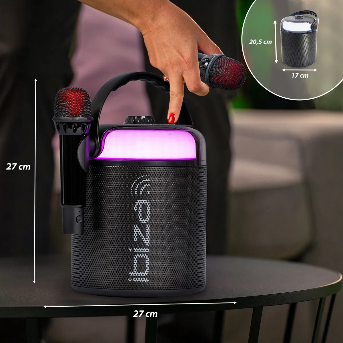 Ibiza - KARAHOME-BK - Batteriebetriebenes leichtes Karaoke-Lautsprechersystem mit Zwei drahtlosen Mikrofonen (batteriebetrieben) - Bluetooth, USB, MicroSD, USB, AUX und Coax - Schwarz