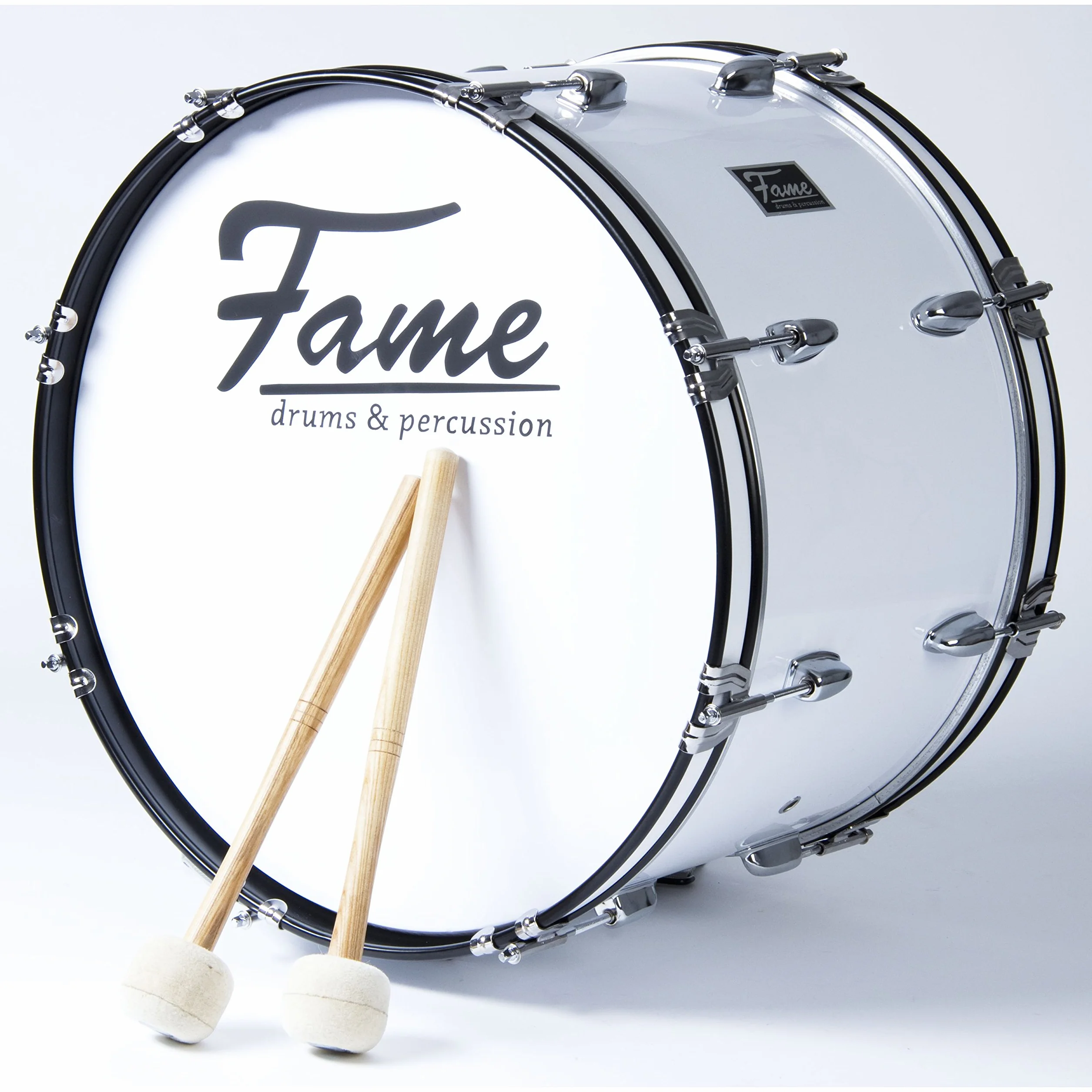 Fame Marching Bass Drum, 24"x12", Leicht, Hochwertig, mit Tragegurt & Beater, 7-Lagen Lindenholz Kessel, Schaumstoff-Dämpfringe, inklusive Stimmschlüssel, Ideal für Einsteiger"