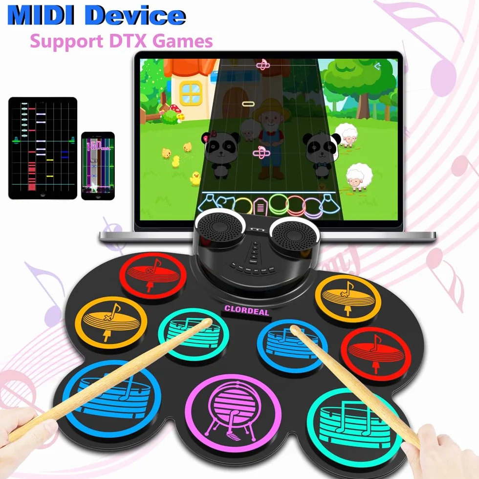 Schlagzeug Elektronisch, 9-Pad Digitales E Drum Set mit Lautsprechern/Kopfhöreranschluss, Tragbares Elektro Schlagzeug Kinder mit Bluetooth MIDI für Anfänger, 10 Stunden Laufzeit