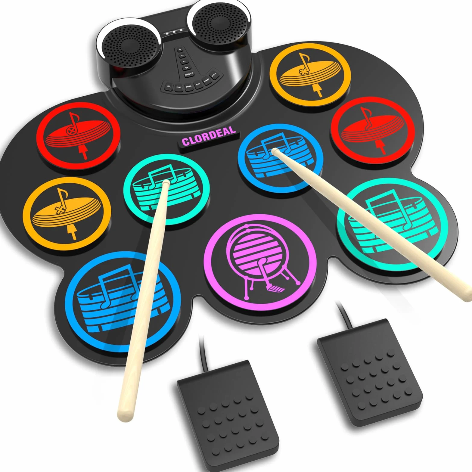 Schlagzeug Elektronisch, 9-Pad Digitales E Drum Set mit Lautsprechern/Kopfhöreranschluss, Tragbares Elektro Schlagzeug Kinder mit Bluetooth MIDI für Anfänger, 10 Stunden Laufzeit