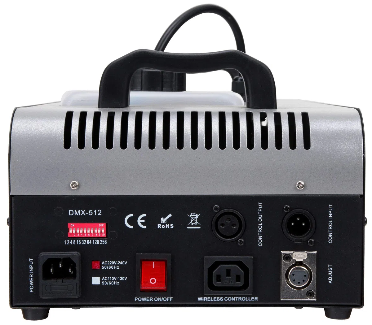 Showlite SN-1500D DMX Nebelmaschine mit Timer und Fernbedienung (1500W, 560m³ Nebelausstoß/min, 12 Min. Aufwärmzeit) silber