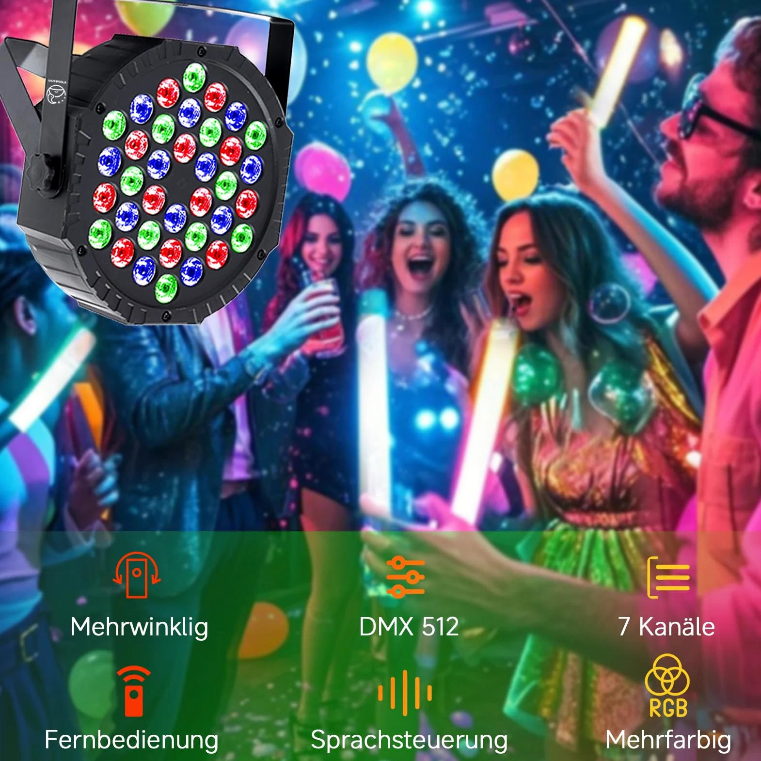 LED Par Strahler 36 LED RGB Bühnenlicht, DMX512 & Fernbedienung, 7 Lichtmodi mit Soundaktivierung, Discolicht Partylicht für DJ Bar Hochzeit Halloween Weihnachten, 4er Pack