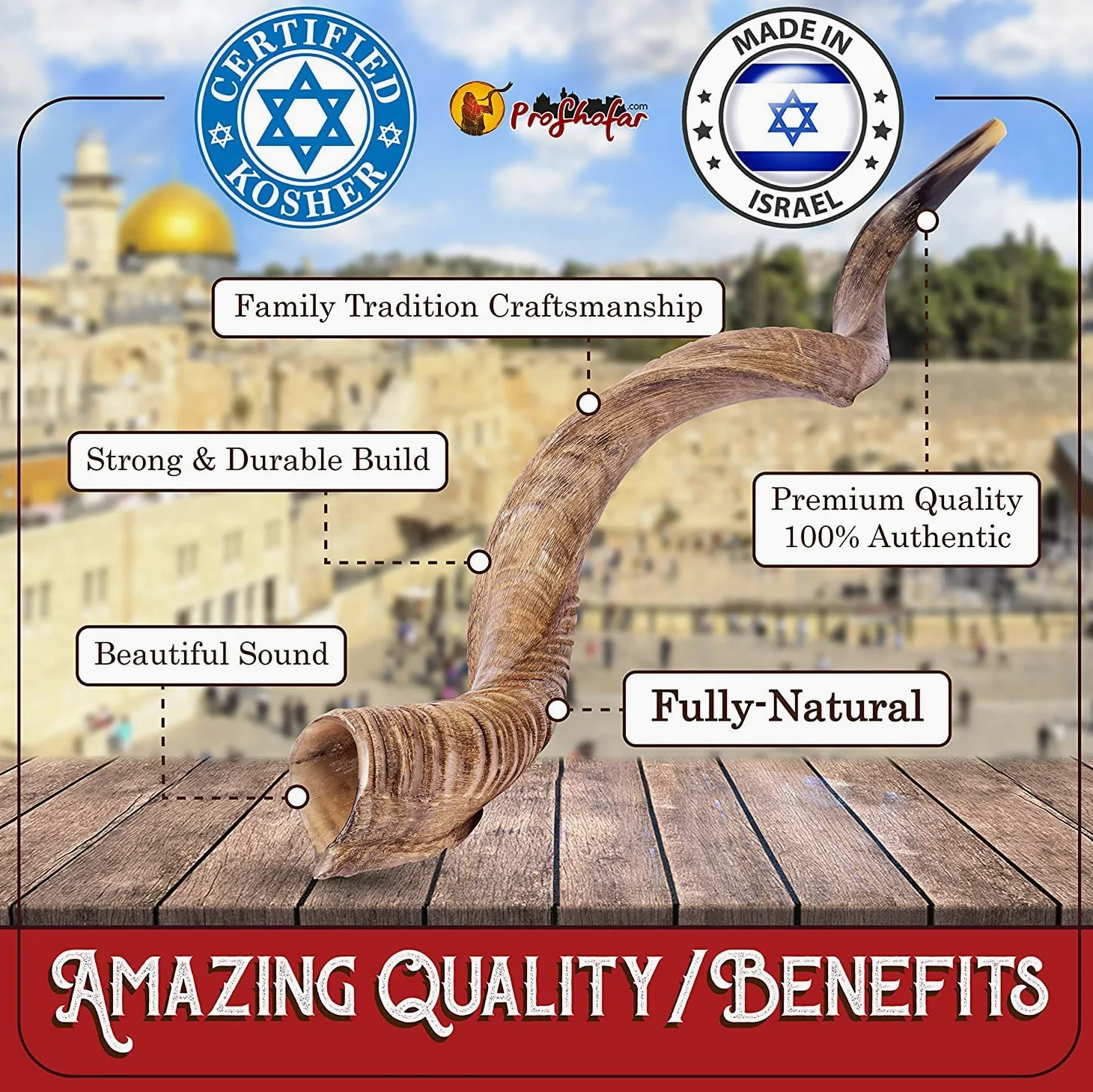 Israel Schofar Set – Naturkudu-Horn-Schofar – koscheres Schofar Jemenitisches traditionelles Musikinstrument für jüdische spirituelle Zeremonien und religiöse Predigten, hergestellt in