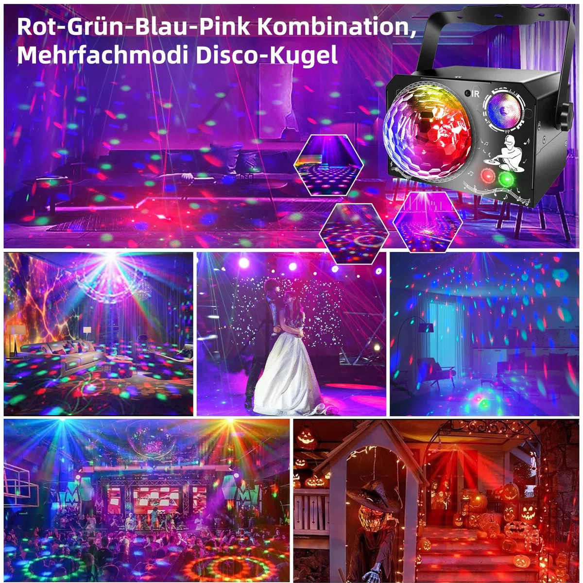 4 in 1 Discokugel, Fwiull DJ Discolicht Partylicht 65 Muster, Musikgesteuert Disco Party Licht, RGB UV Stroboskop, Sprachsteuerte Party Lampe mit 2M USB für Party Fest Klub Halloween Weihnachten