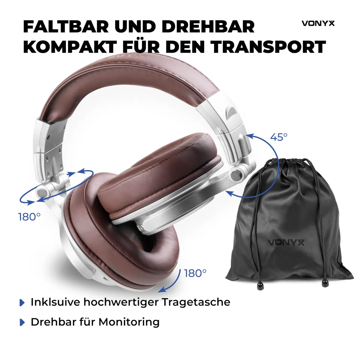 Vonyx HDX120WSN - Over Ear Kopfhörer Bluetooth, 75 Std. Akku, 40mm Treiber - Tiefer Bass, Studio Kopfhörer Kabellos - 3,5/6,3mm Klinke – Faltbar & Drehbar, Bluetooth Headphones mit Tasche - Alu/Braun