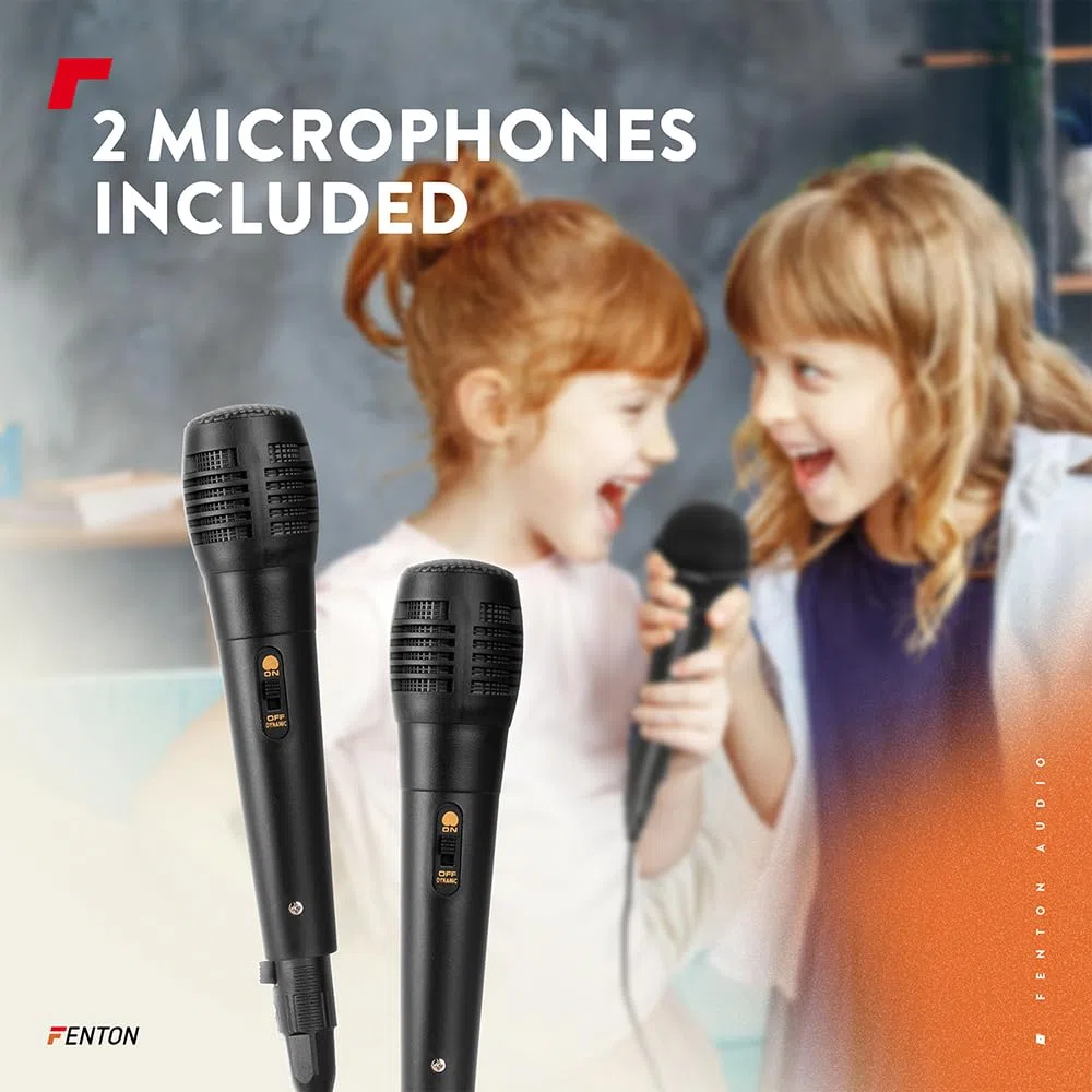 Fenton KAR55P – Musikbox Kinder Karaoke Anlage mit 2 Mikrofonen, Jelly Ball LED-Discolicht, Bluetooth, 10 Std. Akku, 50 Watt Leistung, AUX-Anschluss, Portable Karaoke Maschine Kinder in Pink