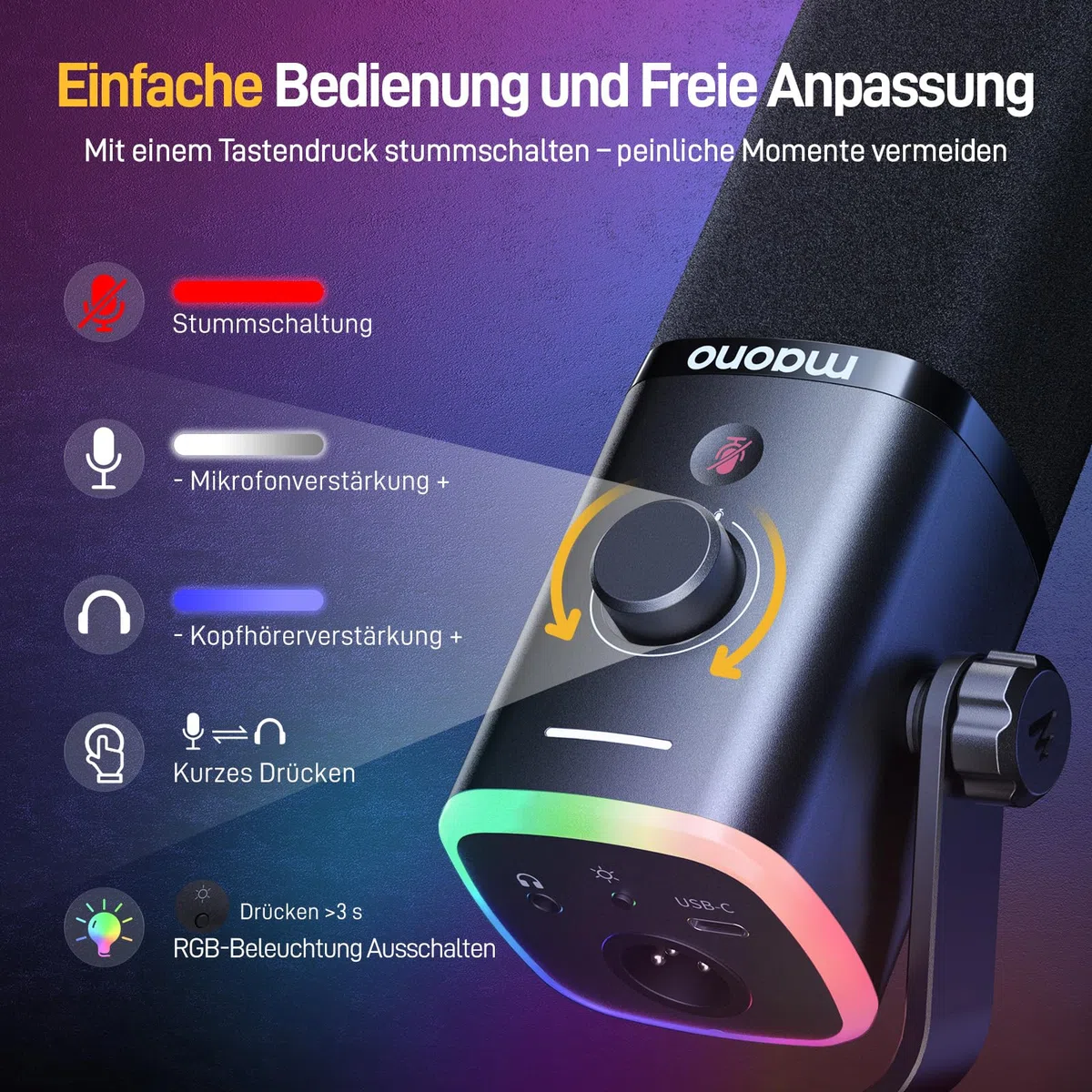 MAONO XLR-USB Streaming Mikrofon mit Arm: Dynamisches Mikrofon mit Software, Stummschalttaste, Gain-Regler, für Podcast, PC Gaming, Aufnahme, YouTube-Inhaltserstellung, Chat, PS4-5 Mac Mixer (PD100XS)