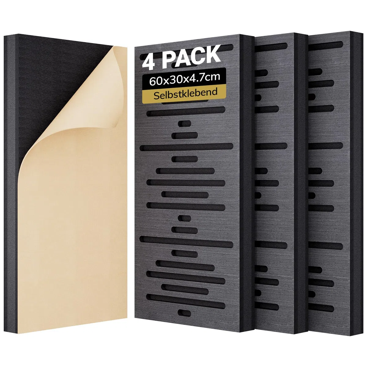 TONOR Holzfurnier Akustikpaneele Selbstklebend, 4 Stück 60 x30x4,7cm Akustikplatten Wandpaneele Holzoptik, Akustik paneele für Akustische Behandlung und Wanddekoration, Wohnzimmer, Büro, Schwarz