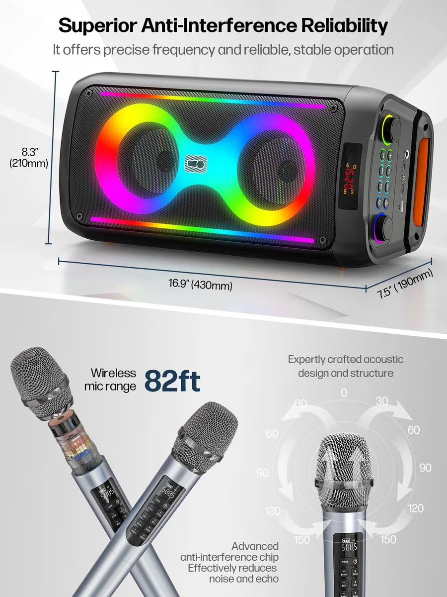 Karaoke-Maschine, Tragbarer Bluetooth-Lautsprecher mit 2 drahtlosen Mikrofonen für Erwachsene, PA-System mit Disco-Lichtern für große Party, Outdoor, unterstützt USB/TF/Rec/AUX
