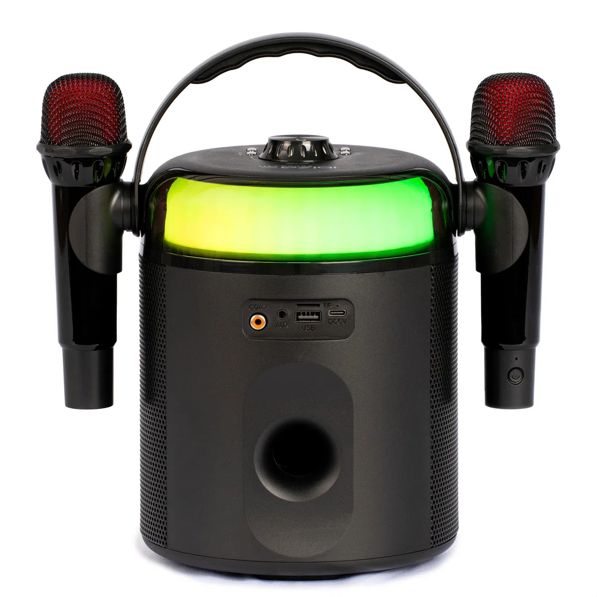 Ibiza - KARAHOME-BK - Batteriebetriebenes leichtes Karaoke-Lautsprechersystem mit Zwei drahtlosen Mikrofonen (batteriebetrieben) - Bluetooth, USB, MicroSD, USB, AUX und Coax - Schwarz