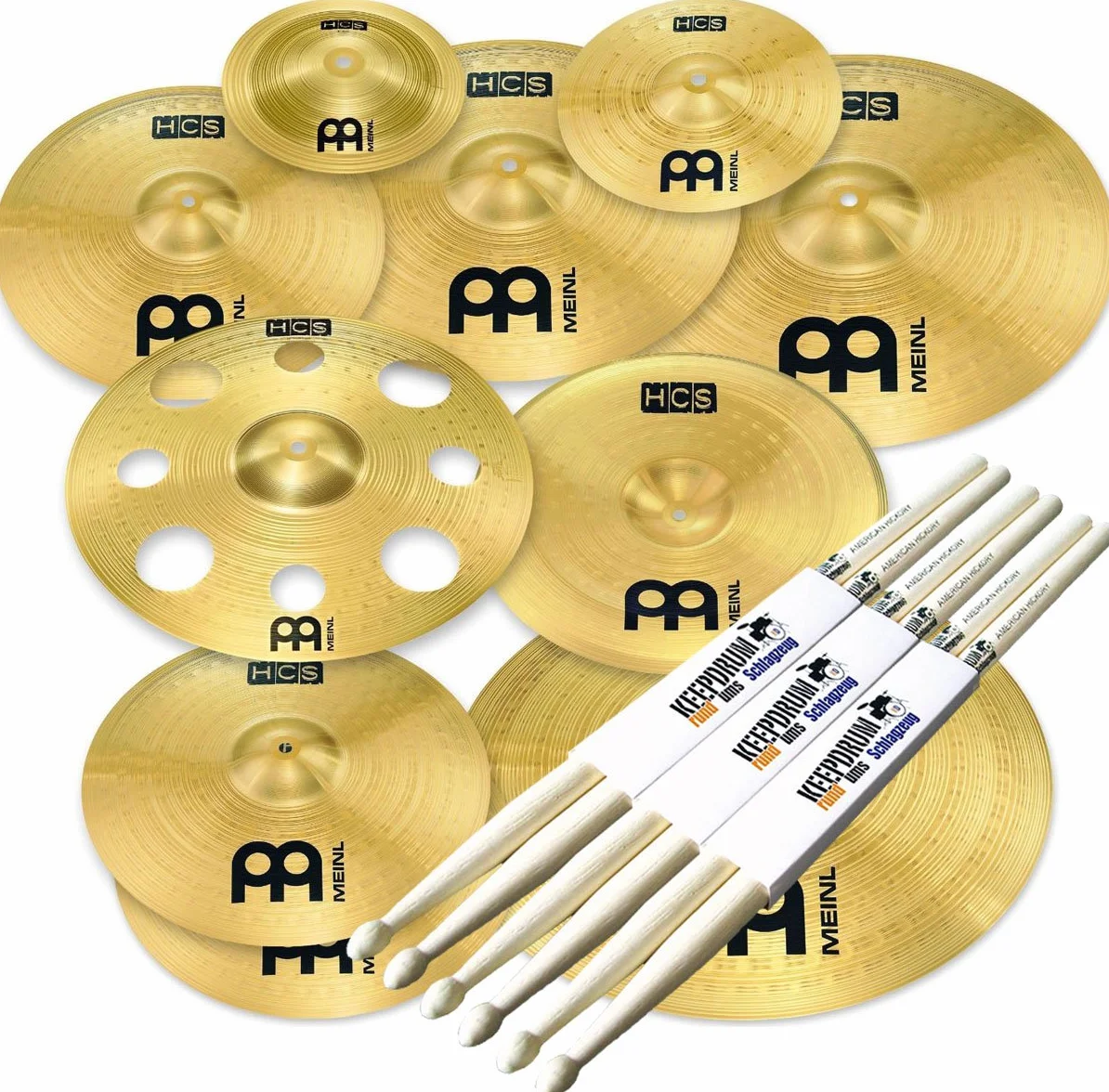Meinl Cymbals HCS-SCS1 Ultimate Cymbal Set Beckenset 9 teilig + keepdrum Drumsticks 3 Paar