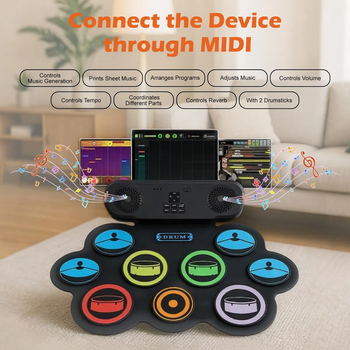 Kinder Schlagzeug Elektronisch mit 9 Pads,2 Stereolautsprecher,E-drum Set pocket drum，Elektronisches Schlagzeug E Drums mit 2 Fußpedalen & USB Wiederaufladbar für Kinder und Anfänger