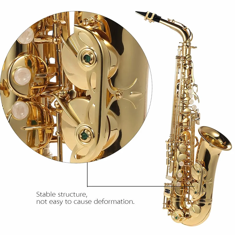 Alto Saxophon, vergoldetes Messing und Sax Becken, 802 Tonart, Woodwind-Instrument, mit Reinigungsbürste, Tuch, Handschuhen, Korkfett, gepolstertem Trageriemen