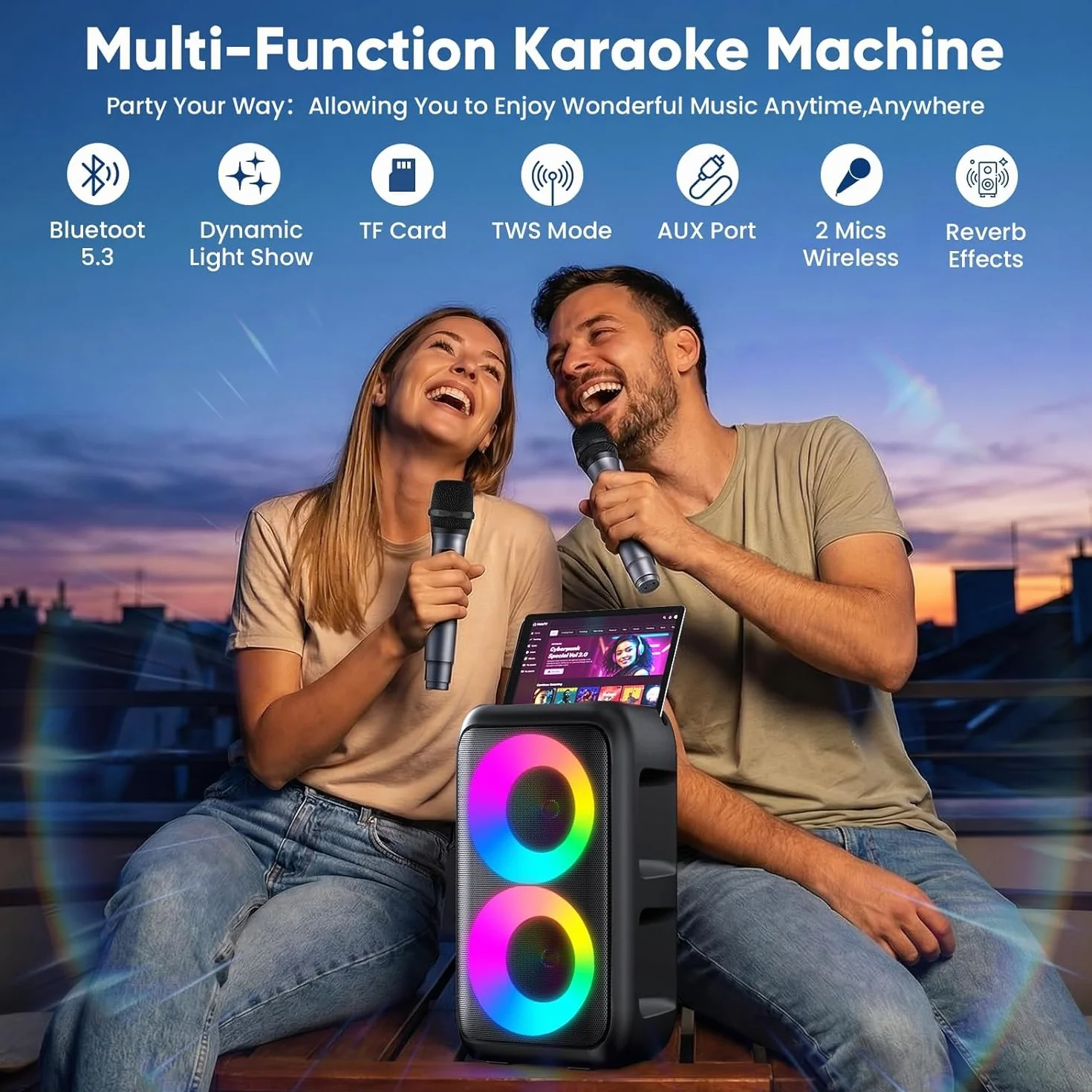Karaoke Maschine (2026 Neu) | Karaoke Anlage mit 2 Mikrofonen Wiederaufladbaren | 2x15W Karaoke Box für Kinder | Bis zu 10 Stunden Spielzeit | Unterstützt TV/Phone/TWS/AUX | Ideal für Partys/Outdoor