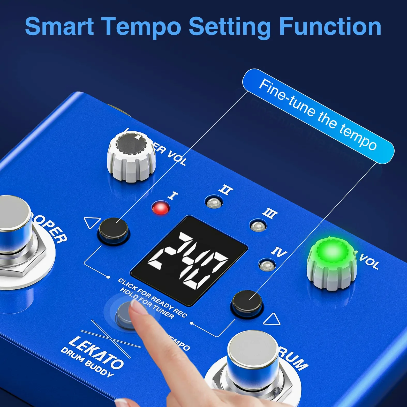 LEKATO Drum Looper Pedal mit Stimmgerät, 4 Loops, 11 Minuten Loop Pedal mit Drumcomputer 30 Trommeln mit App zum individuellen Bearbeiten und Speichern für E-Gitarre und Bass, Tempo klopfen