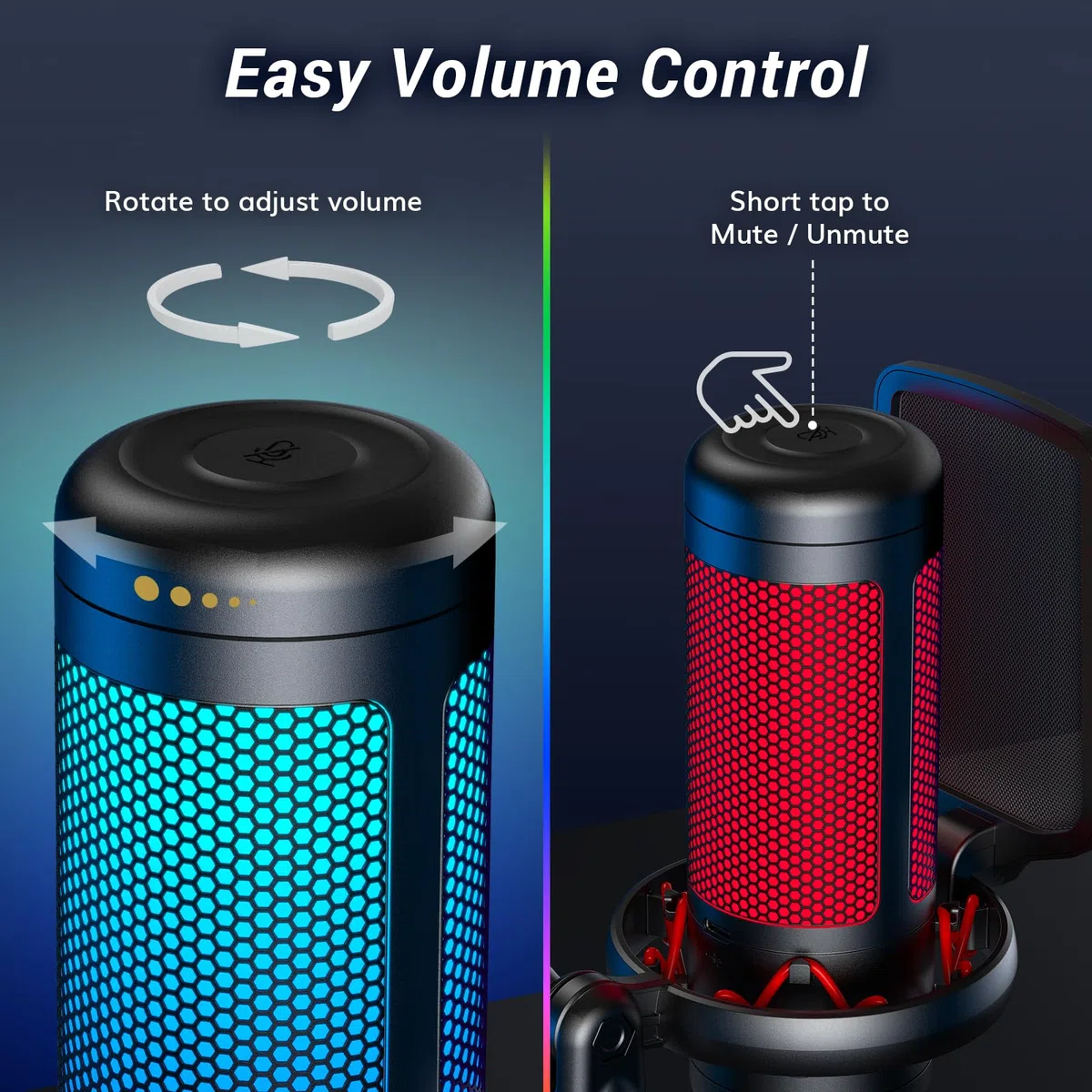 TONOR Gaming Mikrofon PC, USB Microphone für Computer PS4/5, Kondensatormikro mit RGB-Modi & Helligkeit einstellbar, Stummschaltung, Mic für Streaming, Mikrofonarm, Schwarz, TC310+