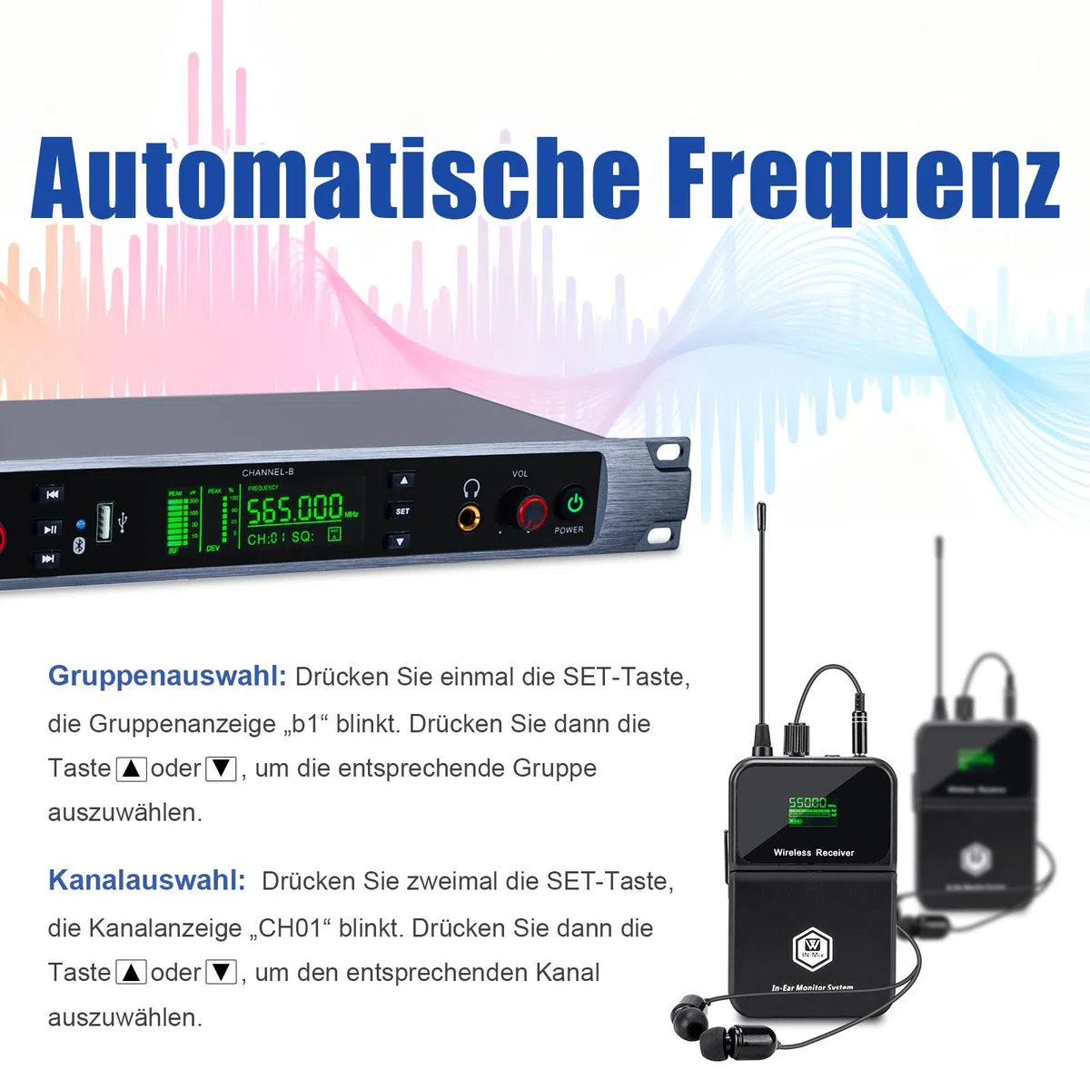 EM200 UHF Kabelloses In-Ear-Monitorsystem 2 Kanal mit 6 Körpersendern – IEM System für Musiker, Bühne, Bandprobe, Live Auftritt, Studio und Kirche