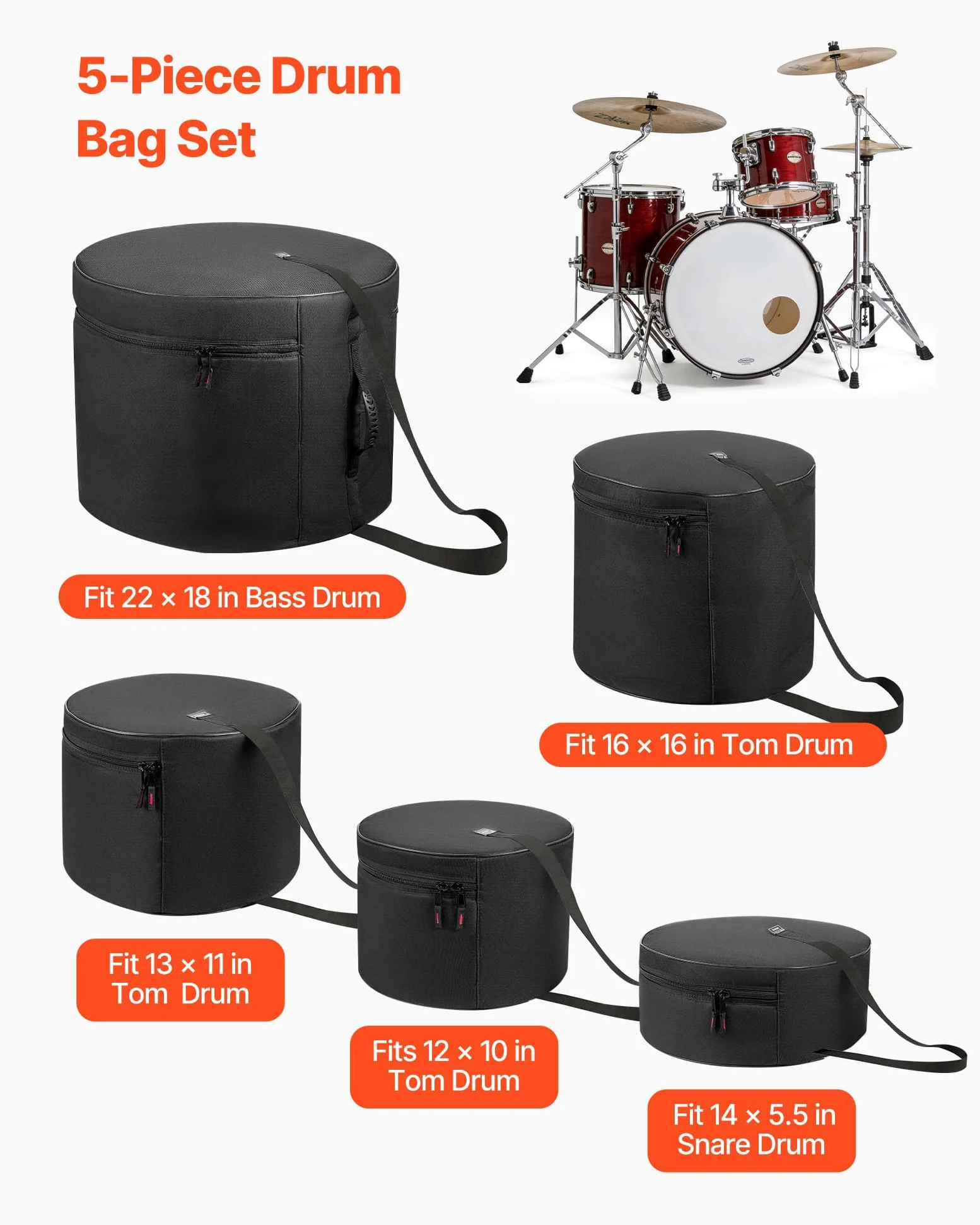 VEVOR 5 tlg. Schlagzeugtaschen Set, Drum Taschen Set, 600D Oxford-Stoff, gepolstert mit festen Schulterriemen & rutschfesten Tragegriffen, für Transport & Aufbewahrung von Drum, Kick, Tom & Snare