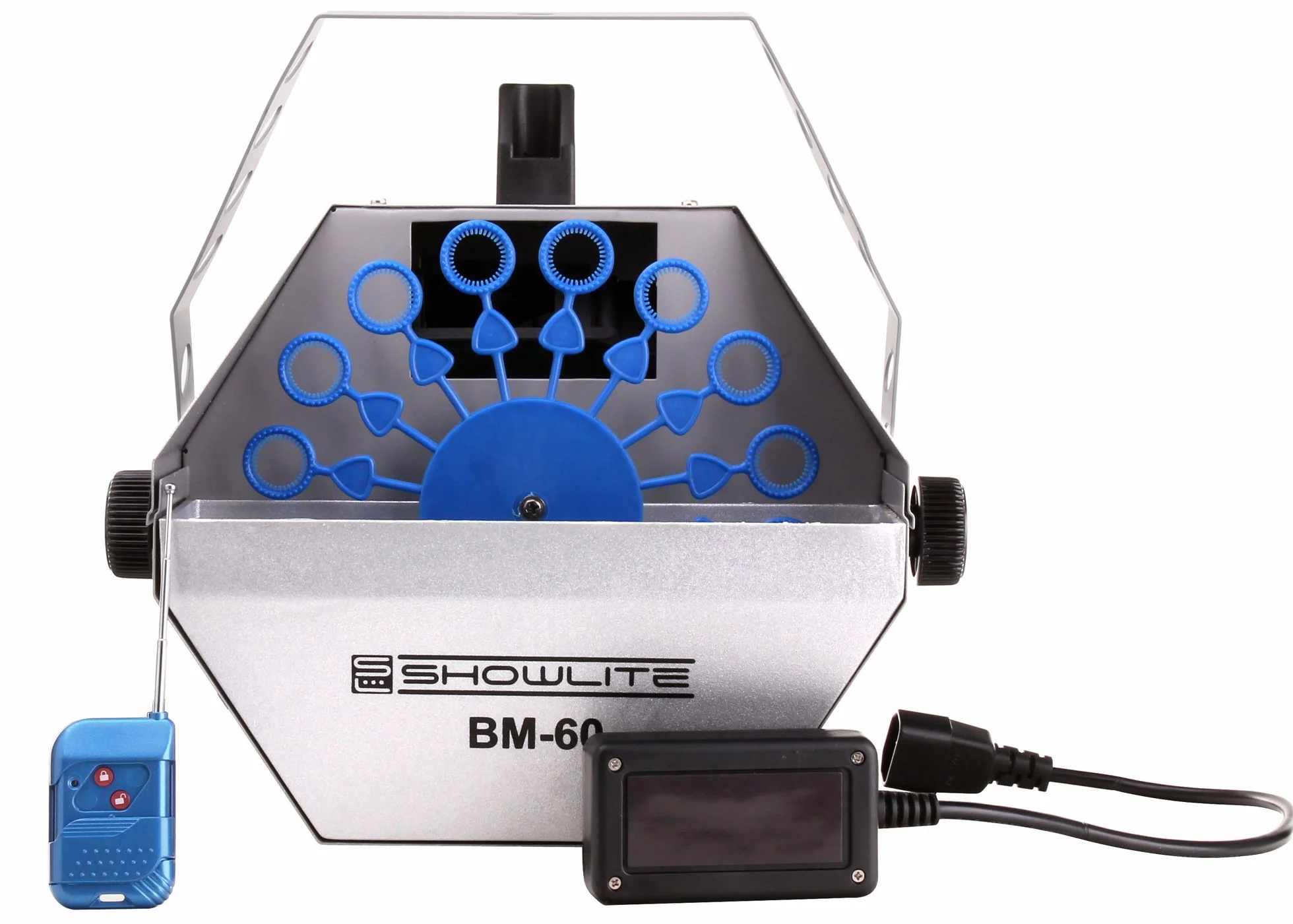 Showlite BM-60 Seifenblasenmaschine 60W mit Funk Fernbedienung (0,6l Tank, 2-3 Stunden Laufzeit bei vollem Tank, Party Effekt, Disco Bubbles) Silber