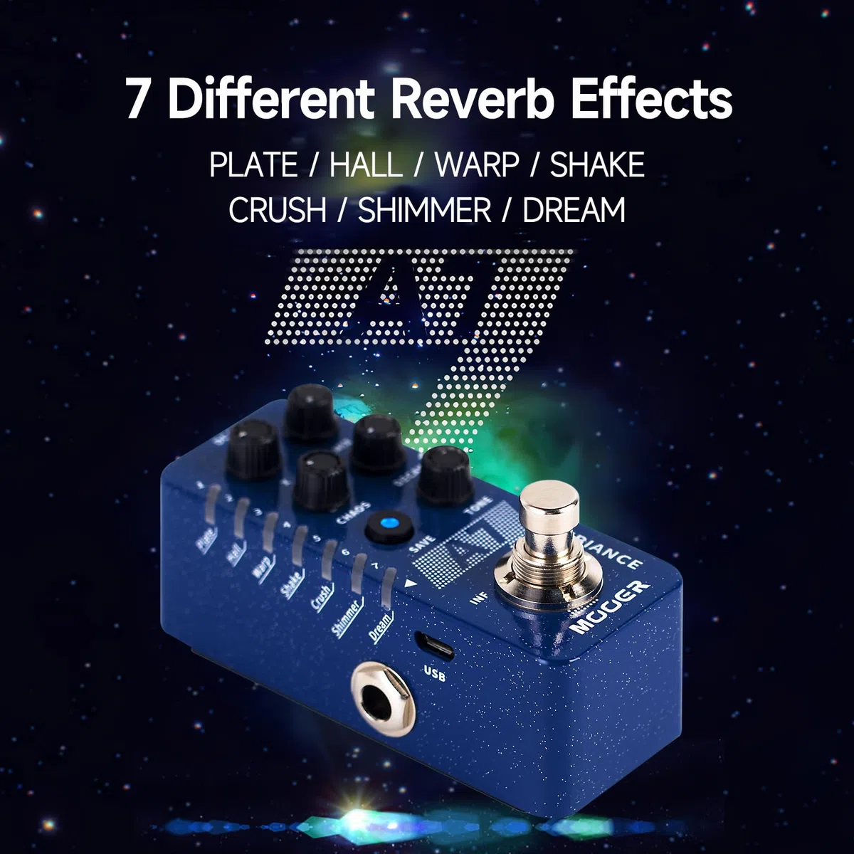 MOOER A7 Reverb Guitar Pedal Ambiance Vielseitig mit 7 Diffrevent Rever Effekten und Save Setting Funktion, INFINITE Trail Funktion, Unterstützt Buffer Bypass oder True Bypass