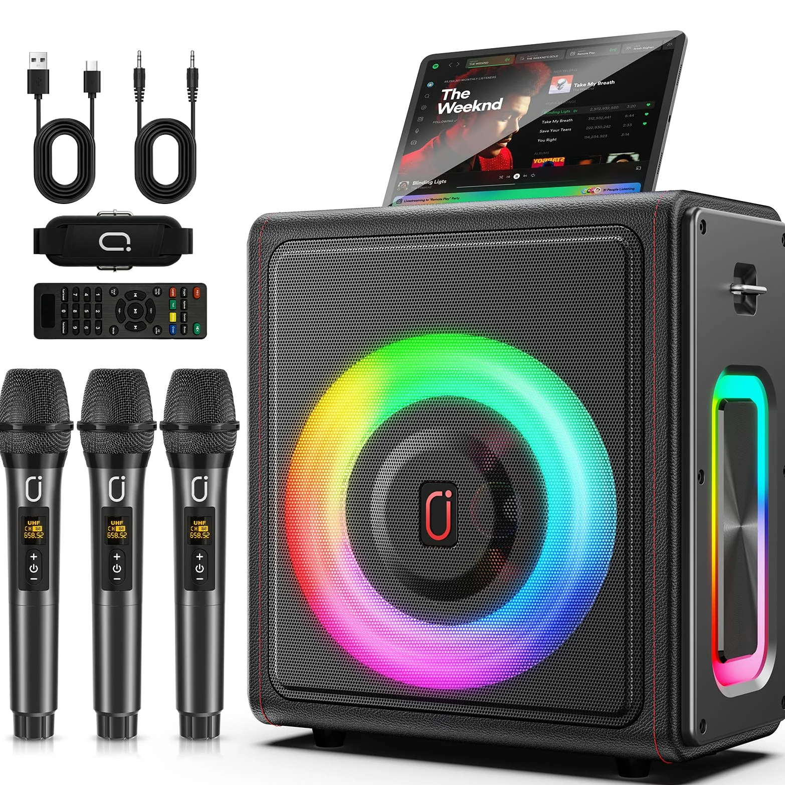 HWWR Karaoke maschine, Tragbarer Bluetooth 5.3 Lautsprecher, Karaoke Anlage mit 3 mikrofonen, 300W Vintage Leder PA Anlage mit Tonhöhenkorrektur, Unterstützung für TV/TWS/TF-Karte/USB/AUX/Live (3MICS)