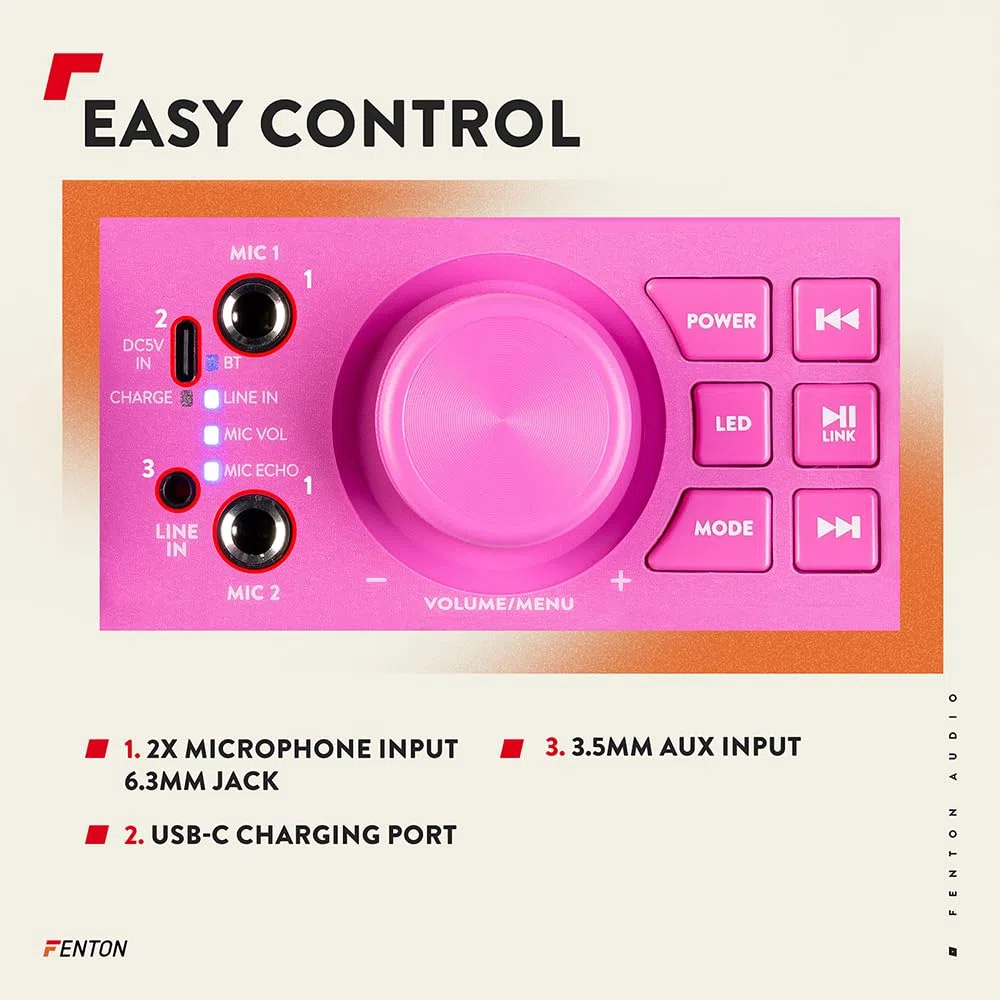 Fenton KAR55P – Musikbox Kinder Karaoke Anlage mit 2 Mikrofonen, Jelly Ball LED-Discolicht, Bluetooth, 10 Std. Akku, 50 Watt Leistung, AUX-Anschluss, Portable Karaoke Maschine Kinder in Pink