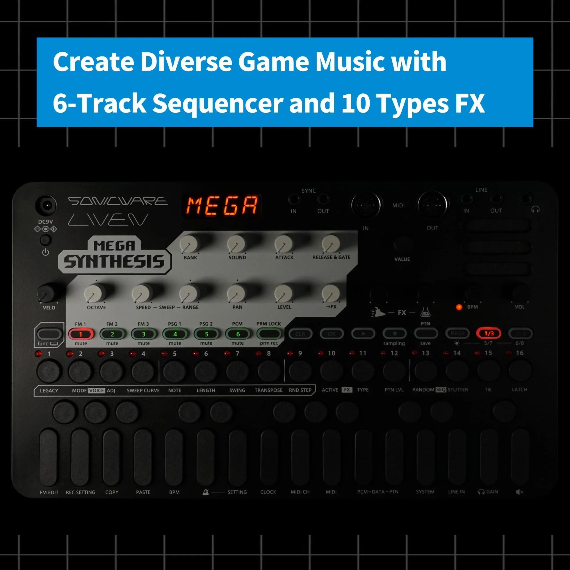 Sonicware LIVEN Mega Synthesis [Retro-Game-Music Groovebox & Synthesizer] FM-Soundmodul, 8-bit PCM-Sampling, 10 Effekte, Sound- & Patternbank von Yuzo Koshiro