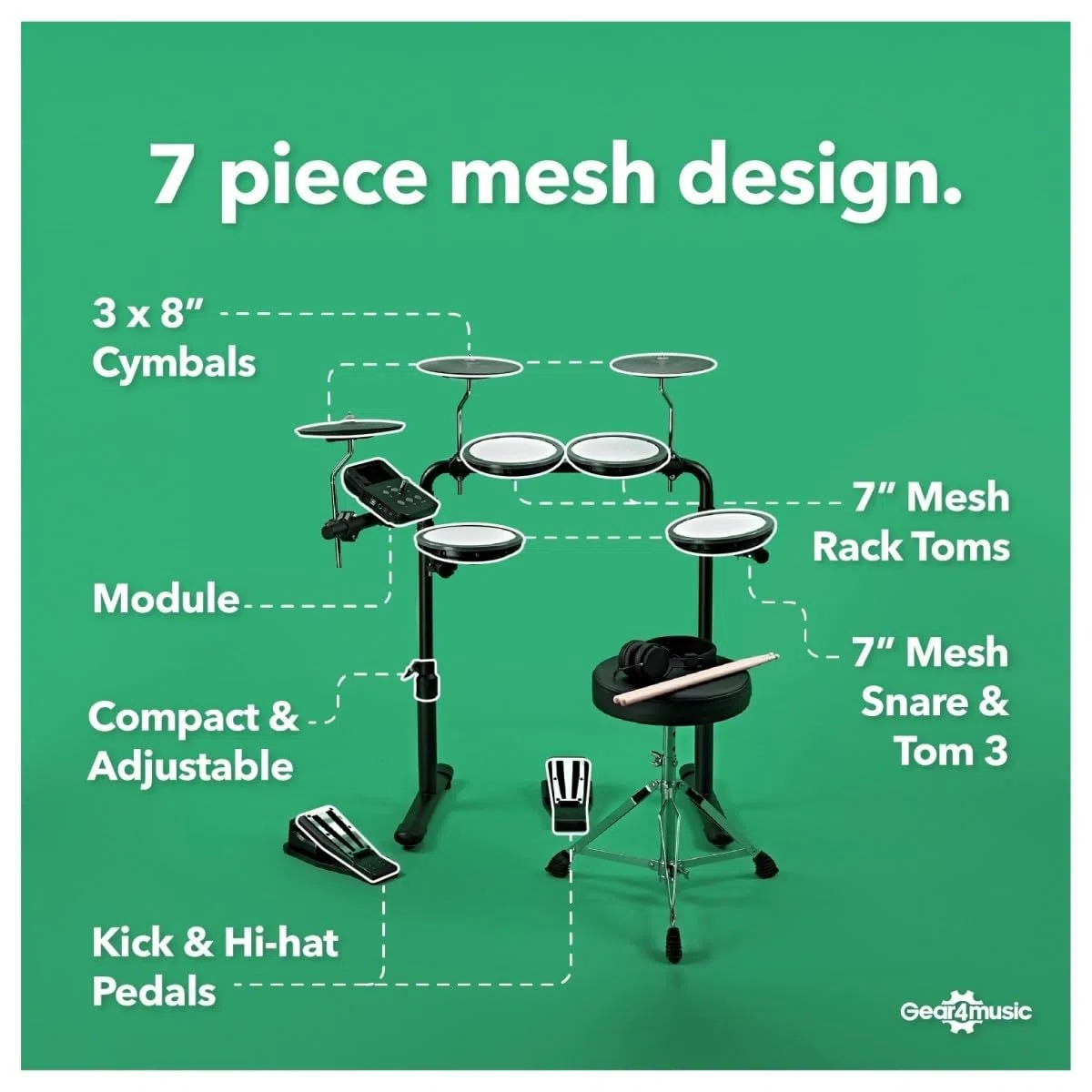 VISIONDRUM Schlagzeug Elektronisch Kinder und Erwachsene - E Drum Set mit 7 Leisen Mesh Pads Elektro Schlagzeug mit Verstärker Drum-Thron Sticks und Kopfhörer - Orange