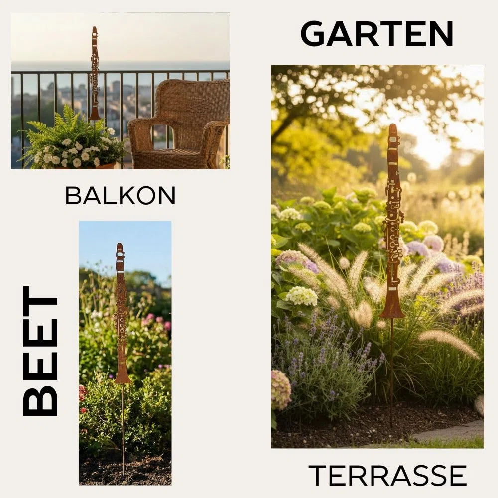 Gartenstecker Klarinette aus Cortenstahl Rostoptik – 110 cm – Wetterfest & Ganzjährig Outdoor – rostige Metall Gartendeko für Beet, Rasen, Terrasse & Balkon – Geschenk für Musikliebhaber