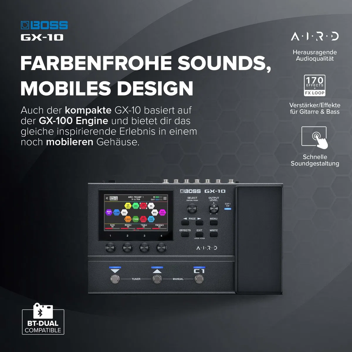 BOSS GX-10 | Compact Guitar & Bass Effects Processor | GX-100 Sound Engine | Colour Touch Display | 32 Amp Types & 170 BOSS Effects | Multi-mode Footswitches & Expression Pedal | AIRD Technology