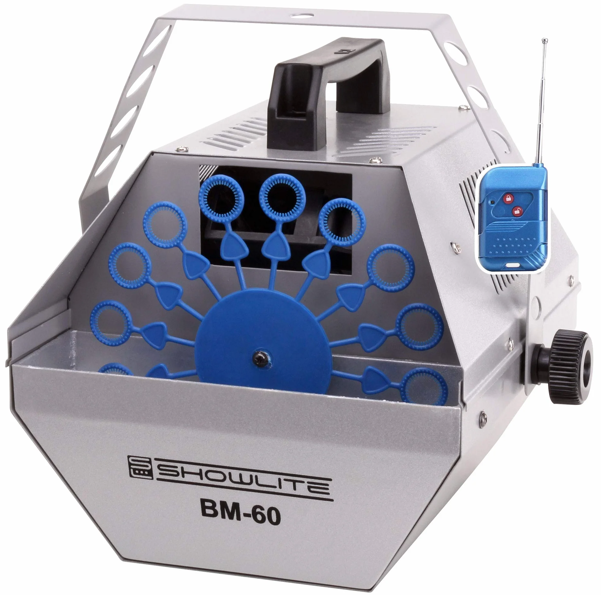 Showlite BM-60 Seifenblasenmaschine 60W mit Funk Fernbedienung (0,6l Tank, 2-3 Stunden Laufzeit bei vollem Tank, Party Effekt, Disco Bubbles) Silber