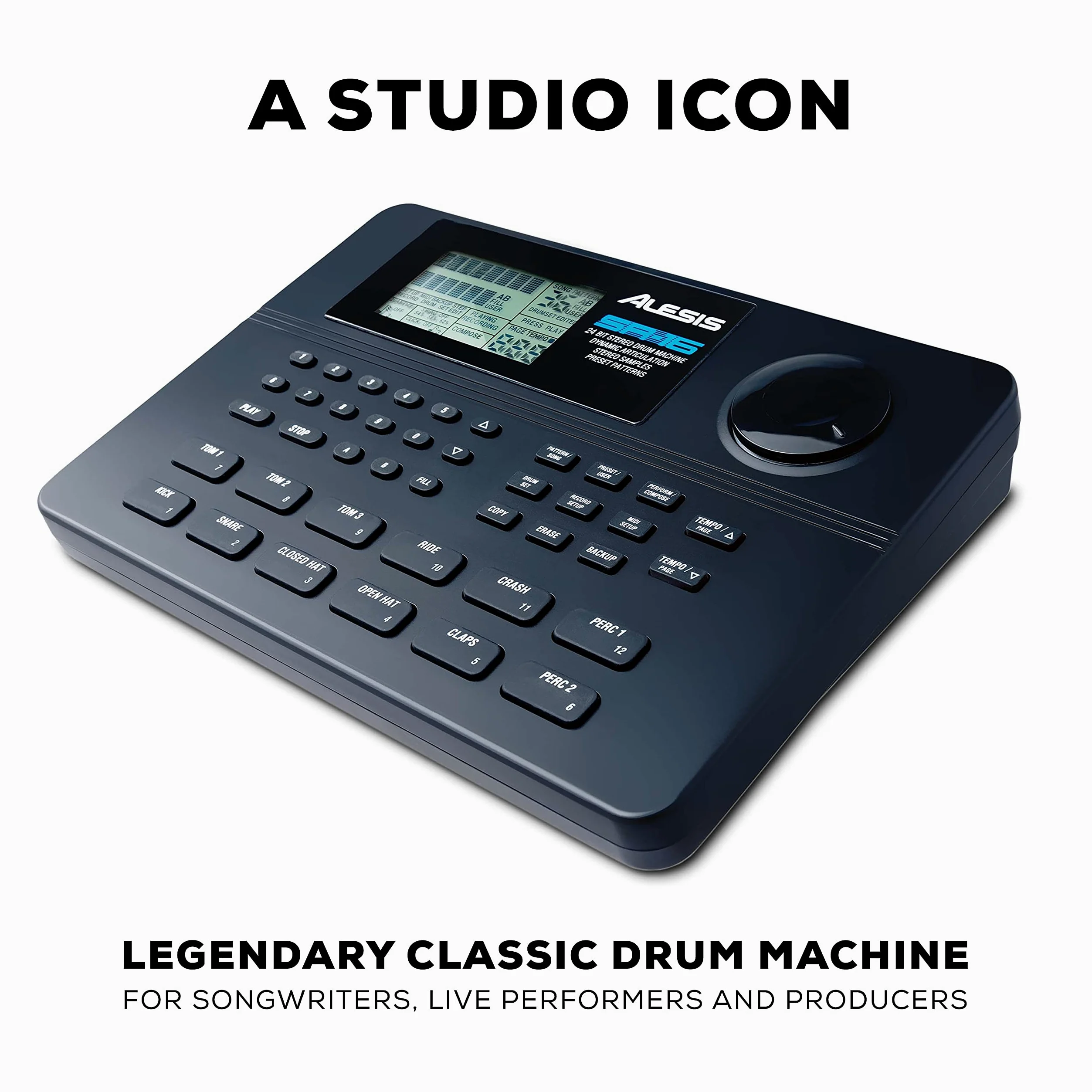 Alesis SR16 Classic Drum Machine mit 12 anschlagsdynamische Pads, 233 Studiodrum / Perkussionsounds und 50 Presetpattern