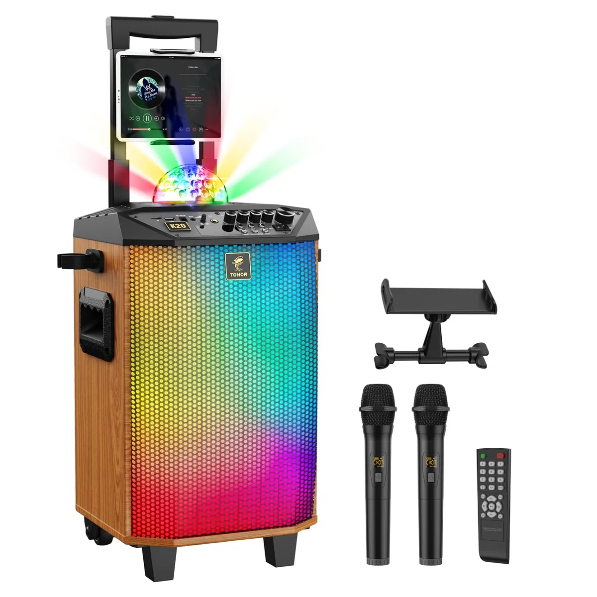 Karaoke Maschine Lautsprecher, TONOR PA Anlage mit 2 Mikrofonnen Bluetooth, Microphone Karaoke Box Gerät mit Funkmikrofon Musikbox PA-System mit Discokugel für Zuhause/Draußen, K20, Naturholzfarbe
