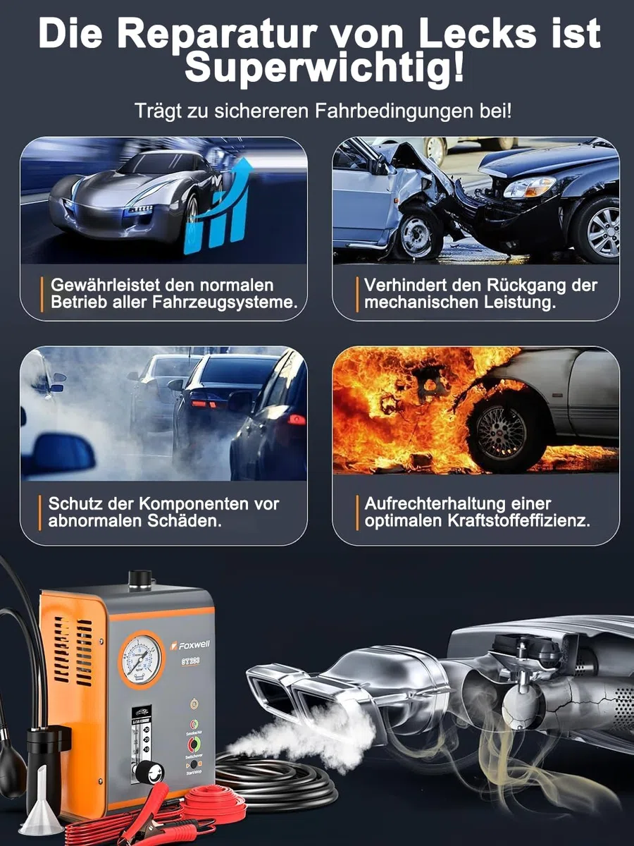 FOXWELL EVAP Nebelmaschine Kfz ST203, Professionelles Dual-Modi Rauchmaschine Kfz Lecksucher mit Druckanzeige & Durchflussanzeige für Echtzeit-Daten, Luftpumpe 16L/Min, Komplette Kit für 12V Fahrzeuge