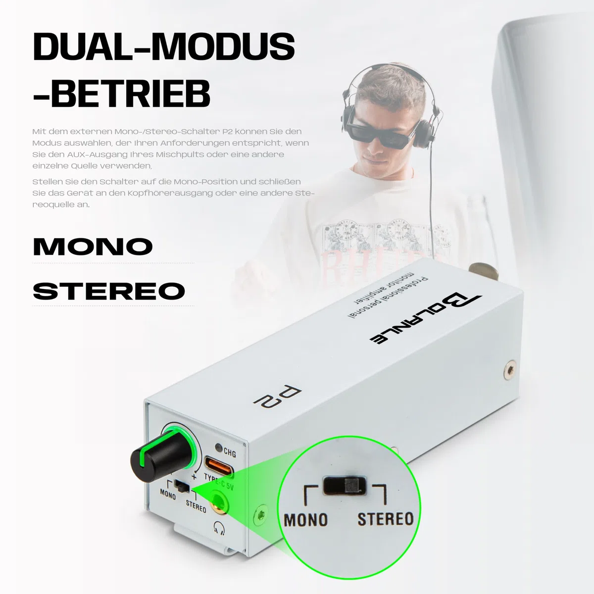 Bolanle P2 PRO In-Ear Monitoring Verstärker USB-C, XLR/TRS Eingang mit Verriegelung, 3,5 mm Ausgang, Stereo/Mono Schalter, 7-Farben LED für Musiker