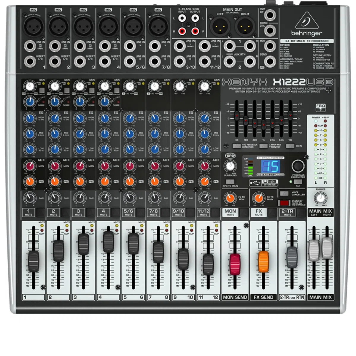 Behringer XENYX X1222USB Premium 16-Input 2/2-Bus Mixer mit XENYX Mic Preamps und Compressors, British EQ, 24-Bit Multi-FX Processor und USB/Audio Interface