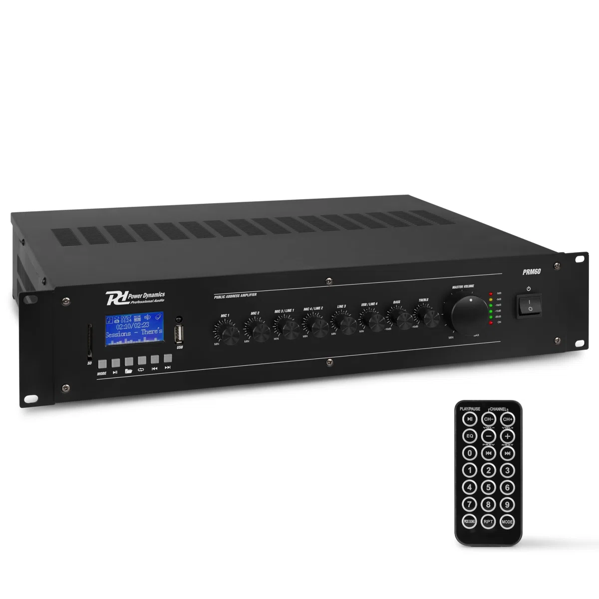Power Dynamics PRM60 PA Endstufe - Verstärker für Lautsprecher und Musikanlagen, 100 Volt System, 60 Watt PA Verstärker, Bluetooth, MP3-Player, USB, SD, 2x Mic, Soundverstärker