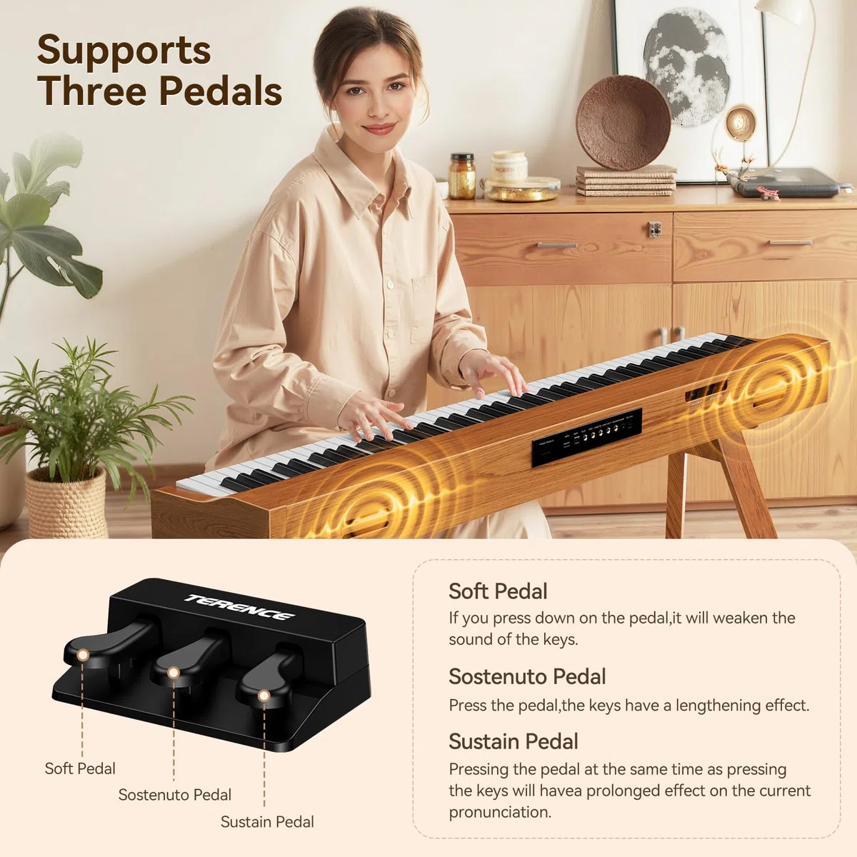 TERENCE P37 E Piano 88 Tasten Hammermechanik Klavier Professionelles Digitalpiano 88-Tasten-Hammerpiano 20W Lautsprecher mit drei Pedalen und Ständer USB-MIDI- und Kopfhöreranschluss Geeignet