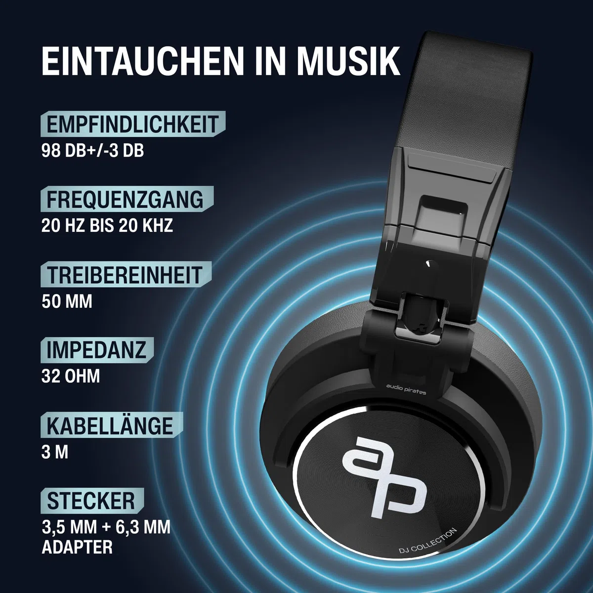 audio pirates John DJ | DJ-Kopfhörer für Club & Disco | sehr pegelfest & robust | Case | DJ-Sound, Nicht HiFi | 3J. Garantie | 3m Kabel & 3,5/6,3 mm Klinke-Adapter | PC-Kopfhörer | DJ-Kopfhörer (1)