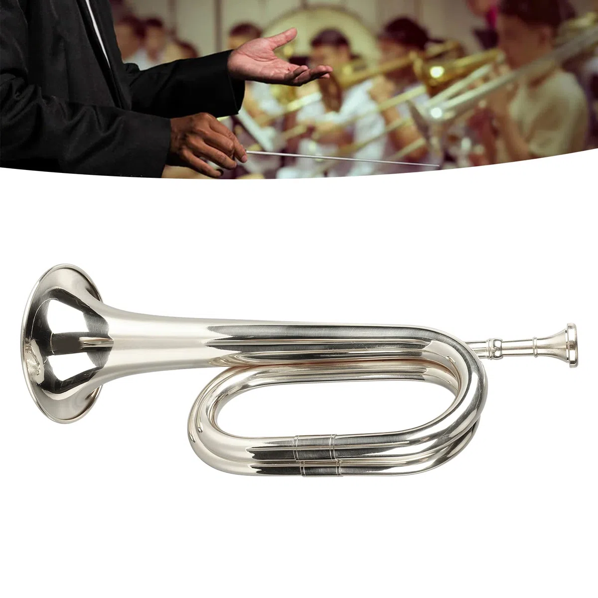 Fockety Bugle Kavallerie-Trompete, Blechblasinstrument, Militärstil, Anfängerfreundlich, C-Taste, Messingtrompete mit Mundstück, Trompete, Messing, Silber