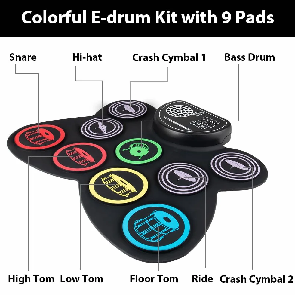 OFFCUP Elektrisches Schlagzeug, Roll Up Drum Kit mit 9 Drum Pads, Faltbares elektronisches schlagzeug mit 3.5mm Kopfhöreranschluss, Lautsprecher, Holzstäbe und Pedale mit Anfänger und Kinder