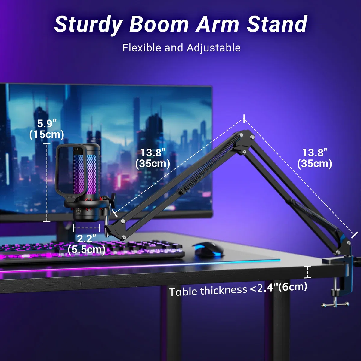 TONOR Gaming Mikrofon PC, USB Microphone für Computer PS4/5, Kondensatormikro mit RGB-Modi & Helligkeit einstellbar, Stummschaltung, Mic für Streaming, Mikrofonarm, Schwarz, TC310+